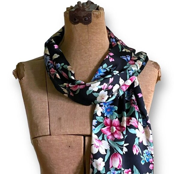 Shanghai Museum Womens Silk Scarf Black Floral Rectangular Tassed Fringe Trim - Picture 5 of 11